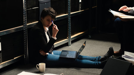 Partners analyze case files with laptop, thinking about ways to uncover new details and connect the dots. Police officers in evidence room working to solve crime, gathering intelligence.の写真素材