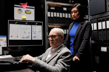 Accountant businessman with disability in wheelchair unpacking laptop before starting shiftwork. Senior executive and asian coworker in archival depository filled with cabinet, folders and flowchartsの写真素材