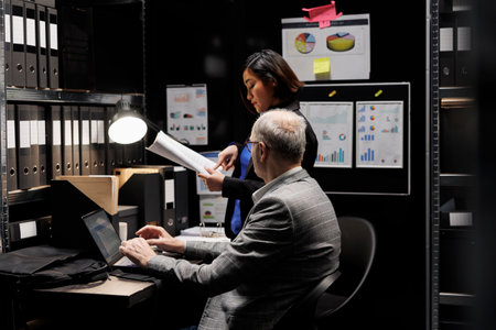 Businessmen executives discussing bureaucracy accountancy paperwork plan statistics document...