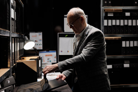 Elderly private detective unpacking laptop before starting criminal investigation case. Senior...