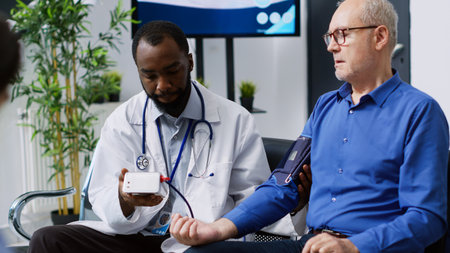 Doctor measuring insulin and glucose level of elderly patient using glucometer during checkup visit...