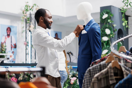 Clothing store worker fixing tie on mannequin wearing formal suit, showcasing menswear to customers. Fashion boutique african american man adjusting male trendy jacket on display dummy modelの写真素材