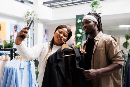Man and woman influencers taking smartphone selfie to promote new line of clothing in shopping mall. Online bloggers holding jacket on hanger and making photo for followers in fashion boutiqueの写真素材