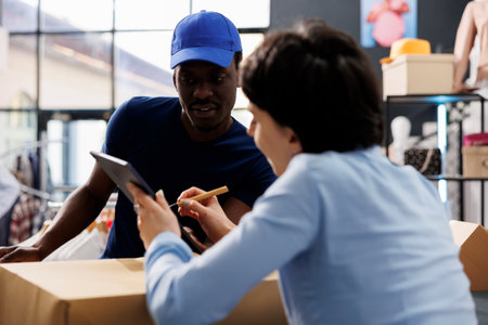 Store courier asking worker to sign delivery report, discussing customer shipping detalis in shopping centre. Stylish employee working at online orders, preparing packages in modern boutiqueの写真素材
