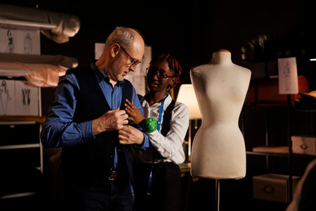 Senior businessman trying on bespoke stylish suit vest before important business meeting, helped by professional seamstress. Elderly customer checking out custom made sartorial garmentの写真素材