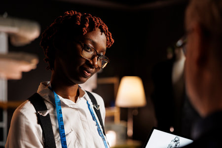 Smiling african american seamstress happy with final design of haute couture sartorial collection for upcoming fashion runway show. Experienced couturiers working in professional tailoring studioの写真素材