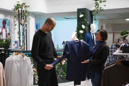 Shopping center boutique woman worker holding jacket on hanger, assisting arab customer in choosing...