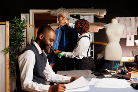 Teamworking couturiers helping elderly customer find perfectly fitting bespoke business suit. Happy tailors taking senior client measurements during sartorial customization comission processの写真素材