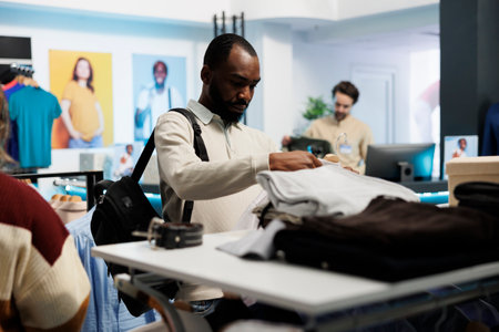 African american man examining garment in boutique menswear department, searching for casual outfit. Customer choosing trendy apparel while shopping in mall clothing storeの写真素材