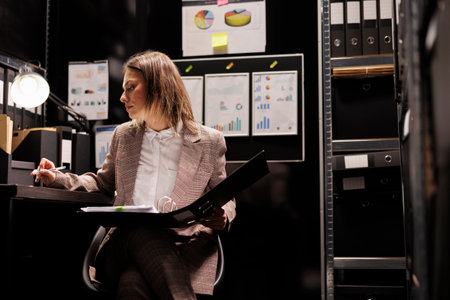 Private detective reading confidential files, working overtime at criminal case searching for new clues to catch suspect. Police officer analyzing crime scene documents, checking criminology reportの写真素材