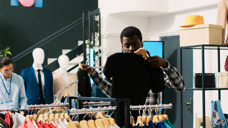 Stylish client shopping for fashionable clothes, analyzing merchandise material in clothing store. African american man looking at hangers with new fashion collection, buying basic outfitsの写真素材