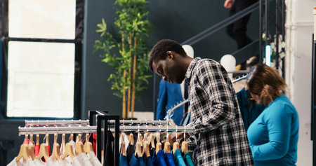 African american shopper analyzing fashionable shirt, checking clothes fabric before buying it. Shopaholic customer shopping for stylish merchandise and accessories in clothing storeの写真素材