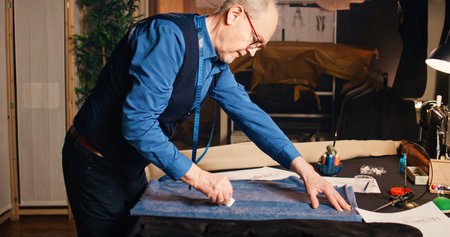 Senior couturier fabricating material to design custom made fashion items, needlework concept. Small buisness owner manufacturing clothes with professional fabric in tailor workshop.の写真素材
