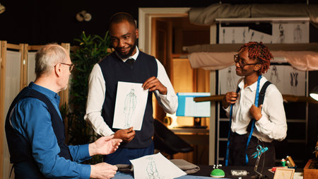 Customer discussing about sizes with senior couturier and assistant to design suit, woman taking measurements with meter. Measuring tape and manufacturing tools in atelier workshop.の写真素材