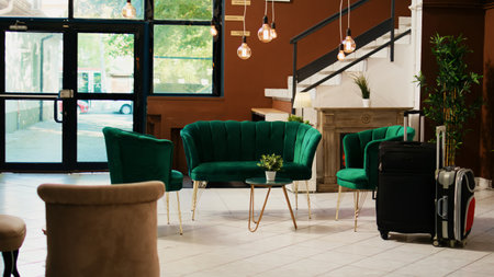 Modern lounge area and reception in hotel lobby entrance with elegant modern furniture, interior decor. Empty tropical resort front desk decorated with stylish luxurious design.の写真素材