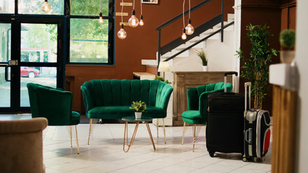 Lobby hallway at hotel front desk with modern furniture and interior design, stylish entrance at exotic luxury resort. Elegant luxurious lounge area, classy decorations and marble floor.の写真素材