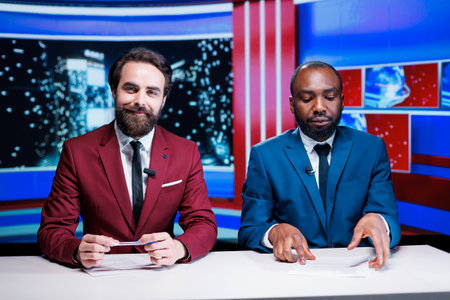 Newscasters team hosting night show in newsroom, debating important events worldwide for television content. Diverse presenters broadcasting live discussion, entertainment segment.の写真素材