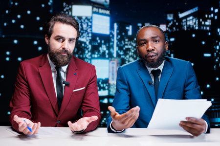 Diverse reporters covering new topics on midnight talk show, broadcasting latest events worldwide. Journalists team presenting live information from media papers, read headlines.の写真素材