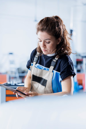 Precise serviceman in car service uses tablet to calculate invoice for client after repairing fuel...