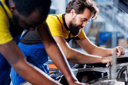 Technicians collaborating on servicing broken vehicle, checking for faulty brakes. Smiling repairmen...