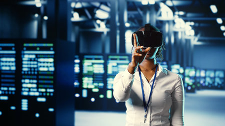 African american trained admin immersed in virtual reality at data center, doing units maintenance....