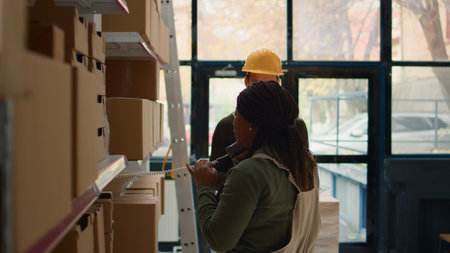 African american supervisor and intern preparing warehouse orders for delivery, using tablet to verify shipping informations, receiving phone call while scanning stock labels in distribution centerの写真素材