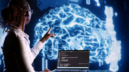 Overseeing manager writing artificial intelligence script code in startup workspace on tablet...
