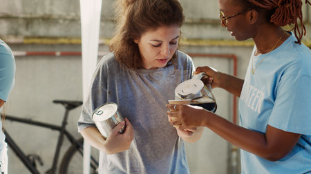 Detailed view of african american female volunteer serving a cup of coffee to homeless caucasian lady. Friendly black woman at outdoor food bank sharing nourishments to the needy and less fortunate.の写真素材
