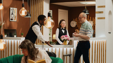 Senior tourist doing check in routine in expensive hotel reception. African american bellhop helps with bags at front desk while traveller receives room key card, tourism industry. Handheld shot.の写真素材