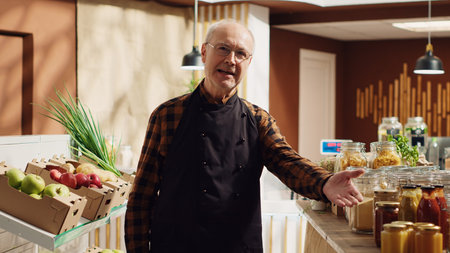 Zero waste supermarket elderly storekeeper participates in TV show segment promoting healthy food and sustainable lifestyles. Local neighborhood store vendor in front of camera showing healthy produceの写真素材