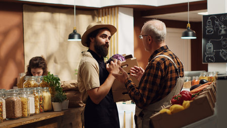 Elderly farmer in partnership with vendor brings him freshly harvested vegetables in local shop while client does grocery shopping. Old man supplying zero waste supermarket with additives free produceの写真素材