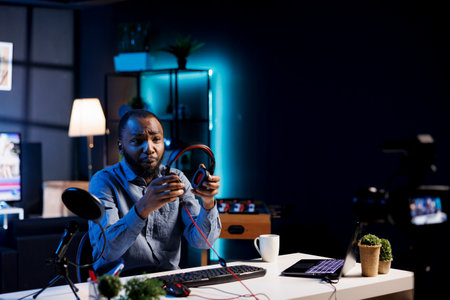 Internet show host holding pair of expensive headphones in hands, doing giveaway for loyal viewers...
