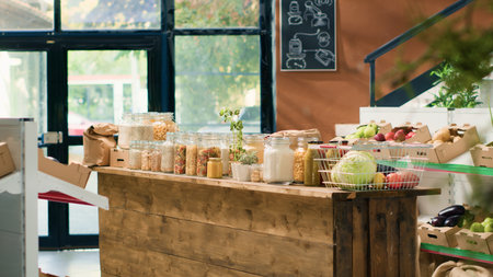Zero waste merchandise in supermarket with ethically sourced food additives free fruits, vegetables, grains, spices and pasta. Empty eco friendly grocery store with fresh organic homegrown produce.の写真素材