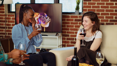 BFFs talking on couch, consuming drinks at social reunion and catching up with each other. African american woman enjoying nice conversation with friend, gossiping about their boyfriendsの写真素材