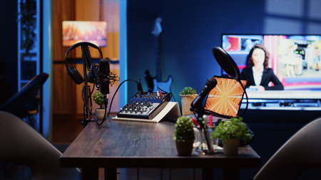Panning shot of empty room in home production studio with sound capturing technology and 3D...