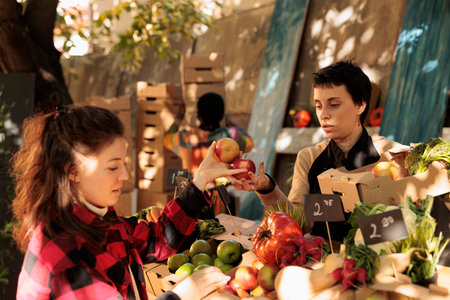 Woman small business owner selling fresh healthy organic products from natural garden. Female customer buying local produce seasonal fruits and vegetables at farmers market, stall holder.の写真素材