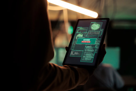 Access denied message on digital tablet screen, unsuccessful password cracking, database hacking fail. Cyberattack, internet thief stealing electronic information, using malicious softwareの写真素材