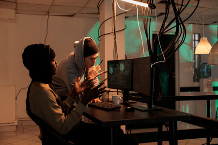 Team of online criminals hacking computer system at night, looking at firewall encryption before...