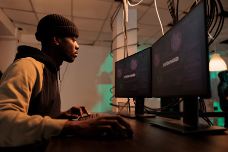 African american thief working with encryption to hack computer system, hacking network to steal...