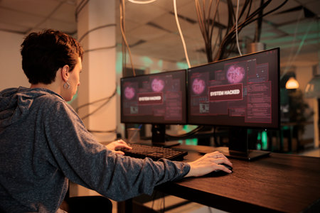 Female spy hacking computer system with trojan virus, stealing privacy data and creating malware....
