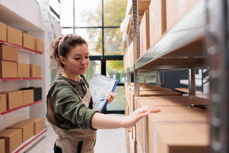 Warehouse supervisor checking cardboard boxes barcode, preparing customers orders in storage room....