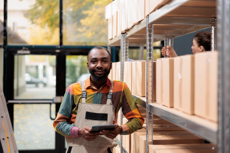 African american manager working stock room, preparing customers packages for delivery. Storage room employee supervising cardboard boxes in mail sorting center, writing inventory on clipboardの写真素材