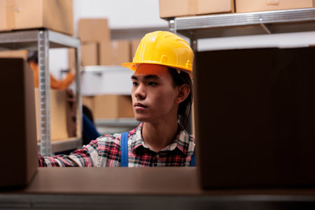 Asian storehouse worker taking cardboard box from shelf for order packing. Postal service package handler in yellow hardhat searching for customer parcel in warehouse storageの写真素材