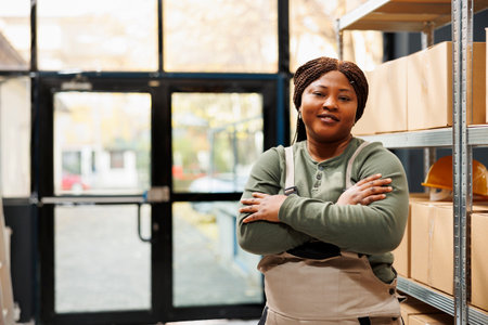 Smiling stockroom manager standing with arm crossed, posing with confidence in warehouse. African american employee wearing industrial overall while working at customers online ordersの写真素材