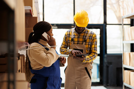 Warehouse worker checking parcel in tablet and manager answering supervisor call. African american...