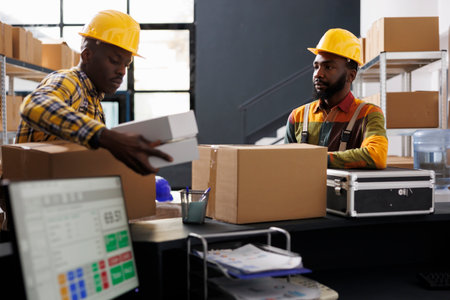 Warehouse employees putting packed boxes on counter desk ready for shipment. African american e commerce retail storehouse managers preparing customer packages for transportationの写真素材