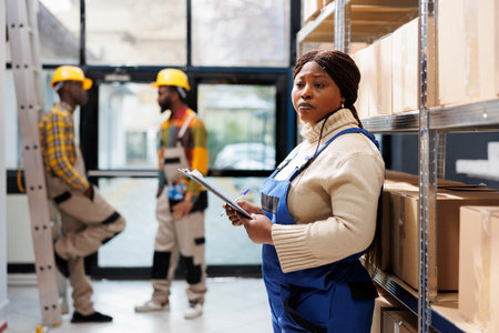 African american warehouse woman operator holding clipboard and standing near carboard boxes shelf. Storehouse supervisor managing merchandise maintenance and dispatchingの写真素材