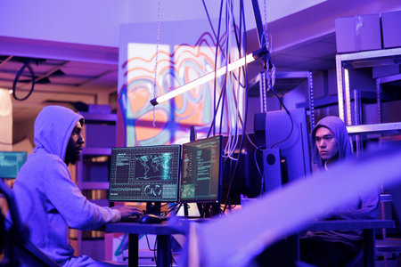 Hackers breaking website and cracking password while doing illegal activity. Criminals breaching security system and stealing valuable information in hideout workspace at nightの写真素材