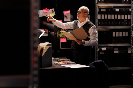 Senior police officer holding confidential files, looking at investigation board in arhive room....