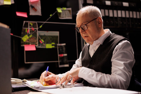 Tired elderly police officer sitting at desk in evidence room, analyzing late at night at...